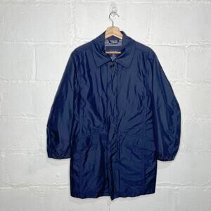 Lands' End Women's Navy Blue Long Zipper Button Gingham Lined Trench Coat Small